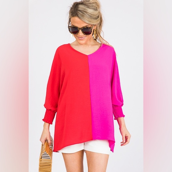 JODIFL Tops - JODIFL Hot Pink & Red Colorblock Relaxed Fit V-Neck Smocked Sleeve Blouse M